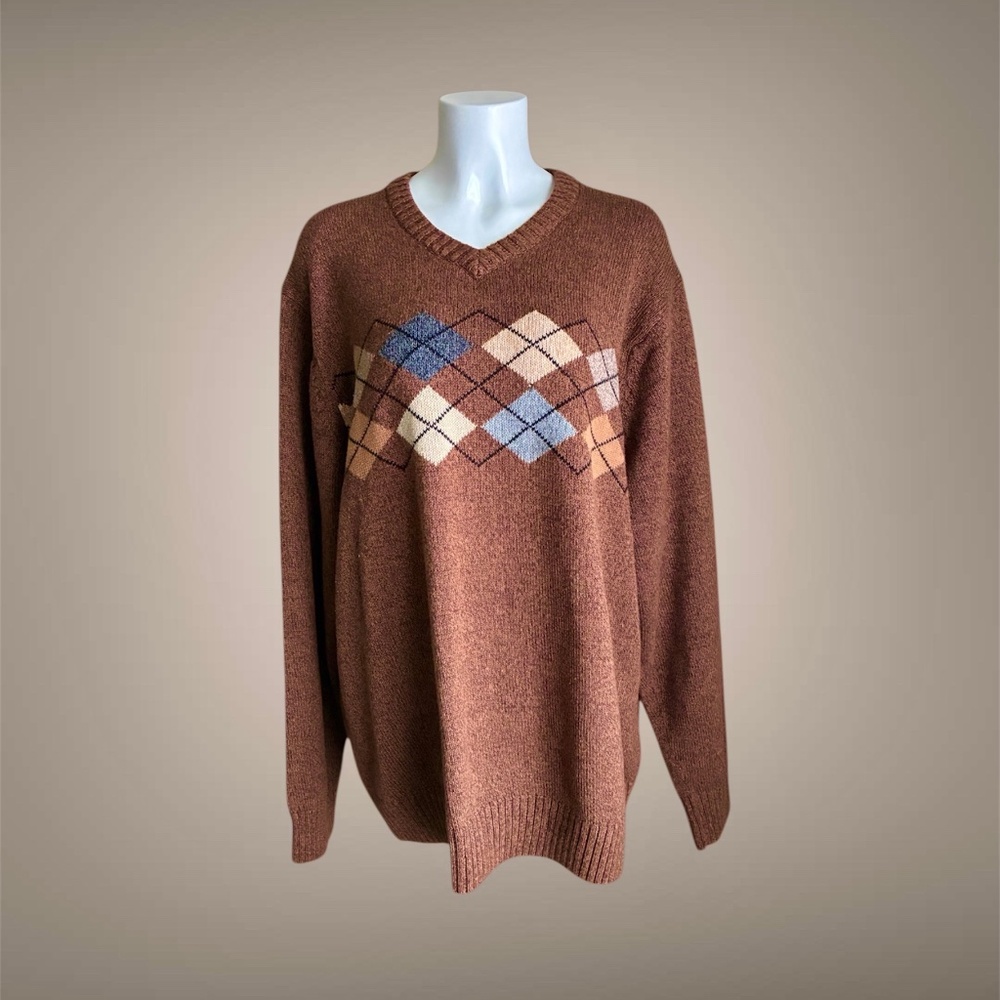 Men's Geoffrey Beene Brown V-Neck Argyle Sweater, 100% Cotton, Size X-Large